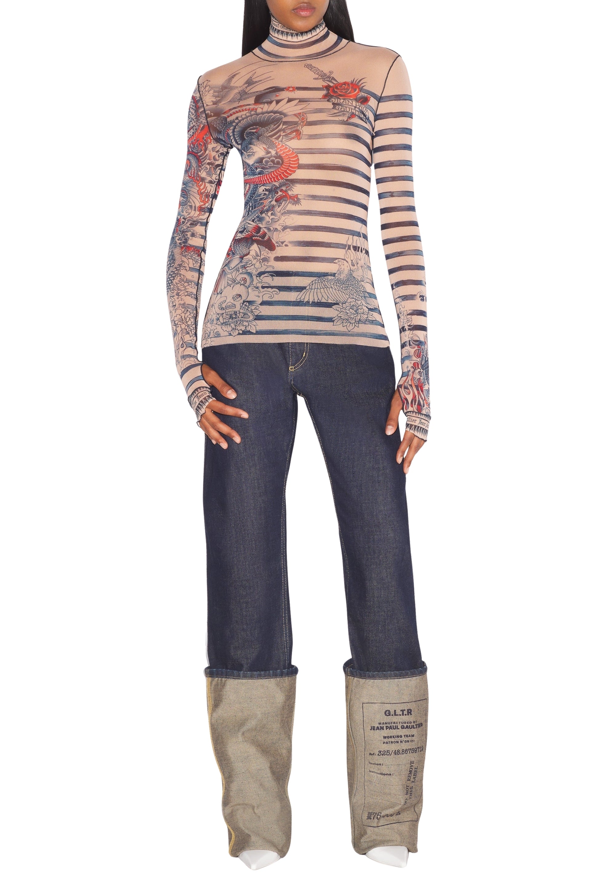 Unisex tulle printed sailor tattoo top - Nude & Blue & Red