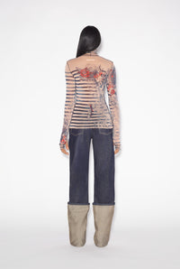 Unisex tulle printed sailor tattoo top - Nude & Blue & Red