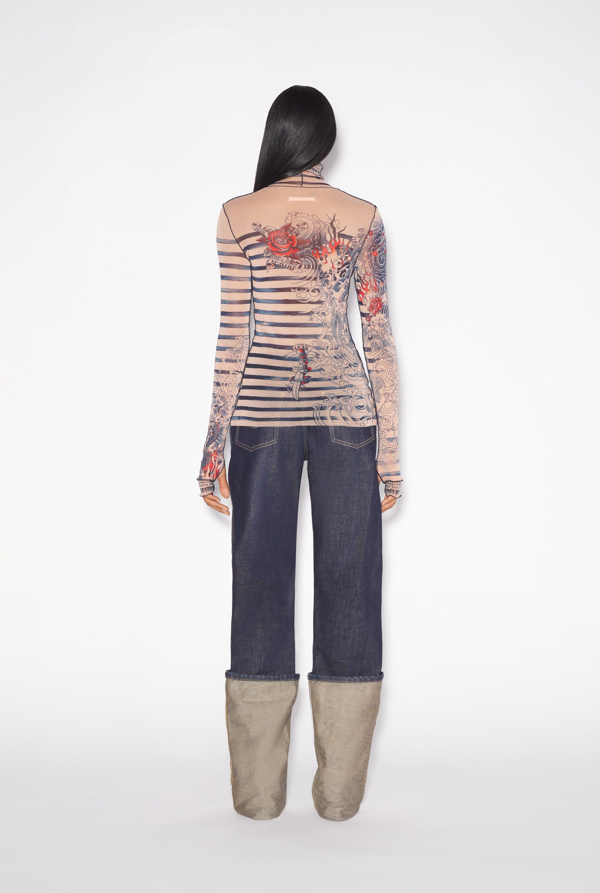 Unisex tulle printed sailor tattoo top - Nude & Blue & Red