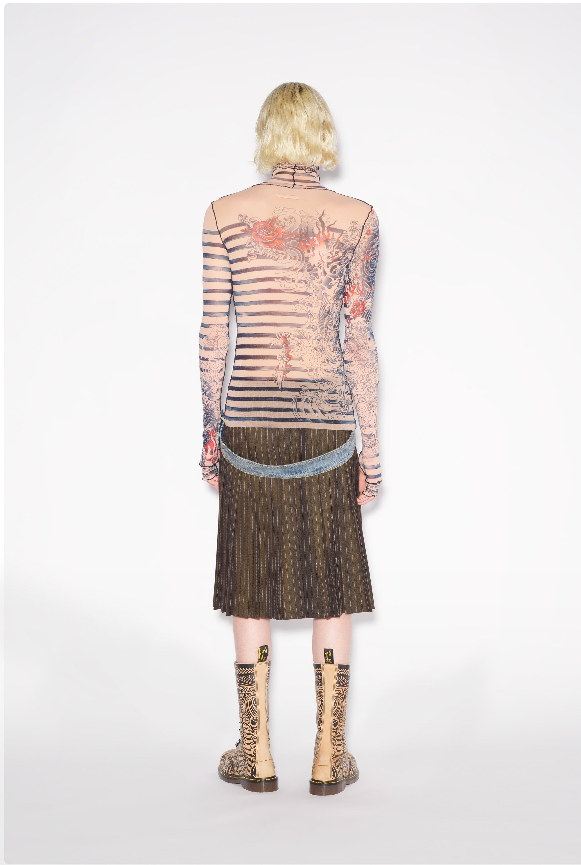 Unisex tulle printed sailor tattoo top - Nude & Blue & Red