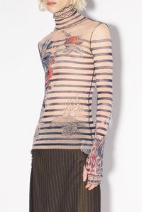 Unisex tulle printed sailor tattoo top - Nude & Blue & Red
