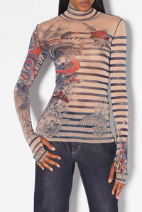 Unisex tulle printed sailor tattoo top - Nude & Blue & Red