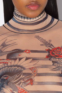 Unisex tulle printed sailor tattoo top - Nude & Blue & Red