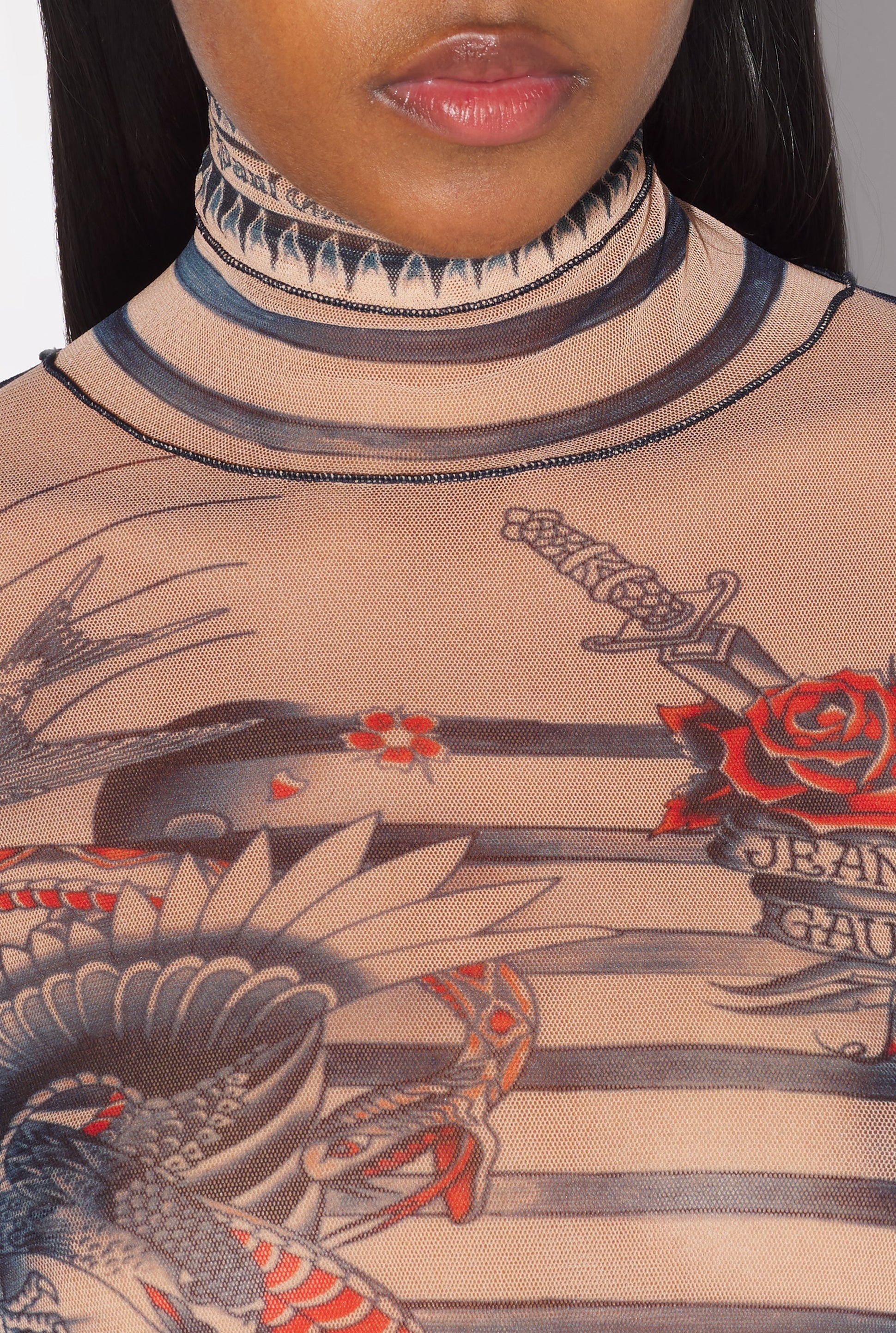 Unisex tulle printed sailor tattoo top - Nude & Blue & Red