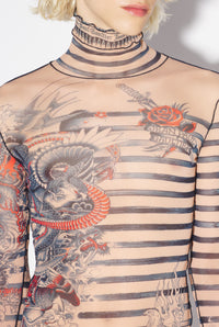 Unisex tulle printed sailor tattoo top - Nude & Blue & Red