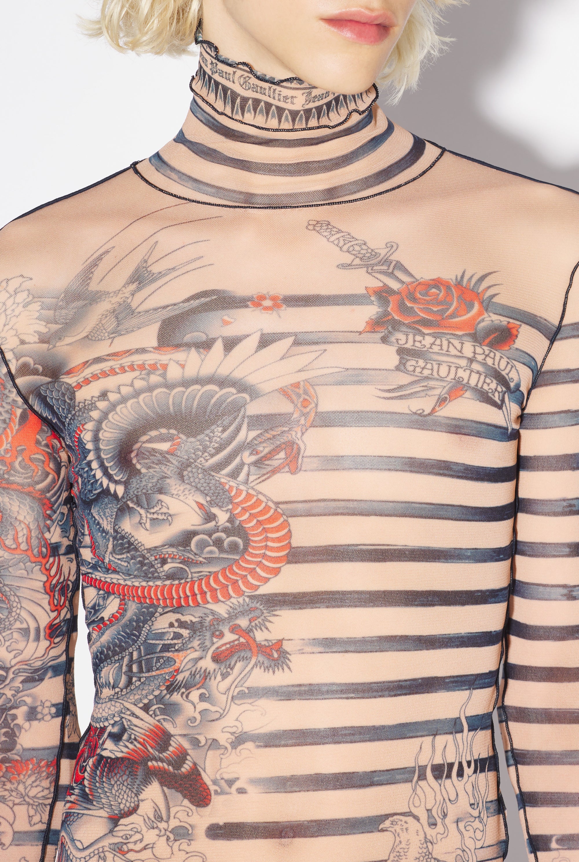 Unisex tulle printed sailor tattoo top - Nude & Blue & Red