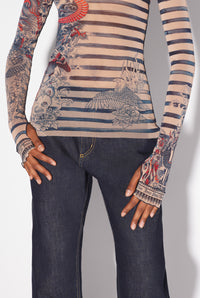 Unisex tulle printed sailor tattoo top - Nude & Blue & Red