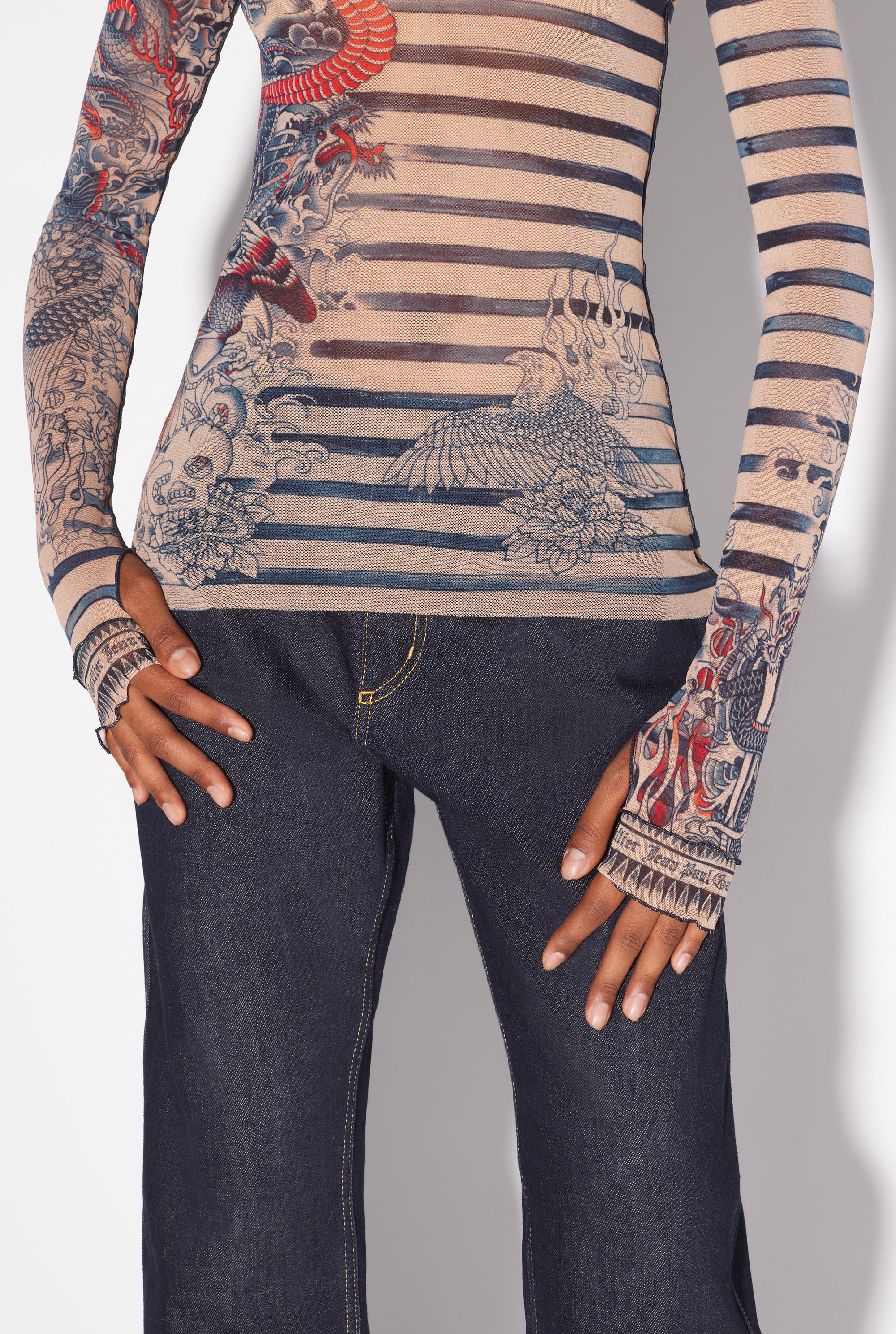 Unisex tulle printed sailor tattoo top - Nude & Blue & Red