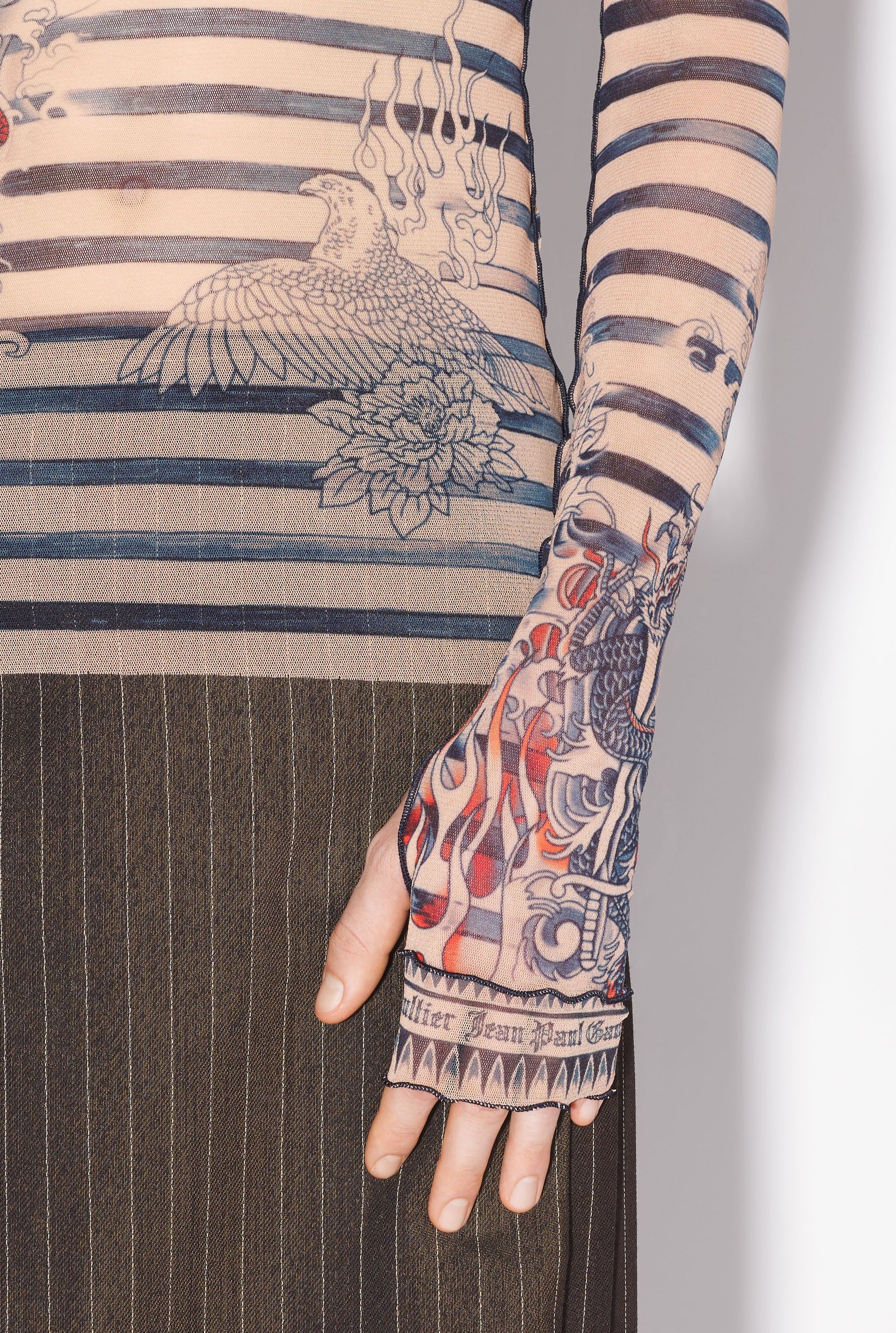 Unisex tulle printed sailor tattoo top - Nude & Blue & Red