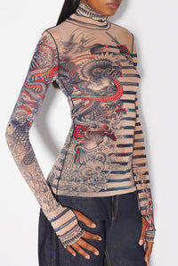 Unisex tulle printed sailor tattoo top - Nude & Blue & Red