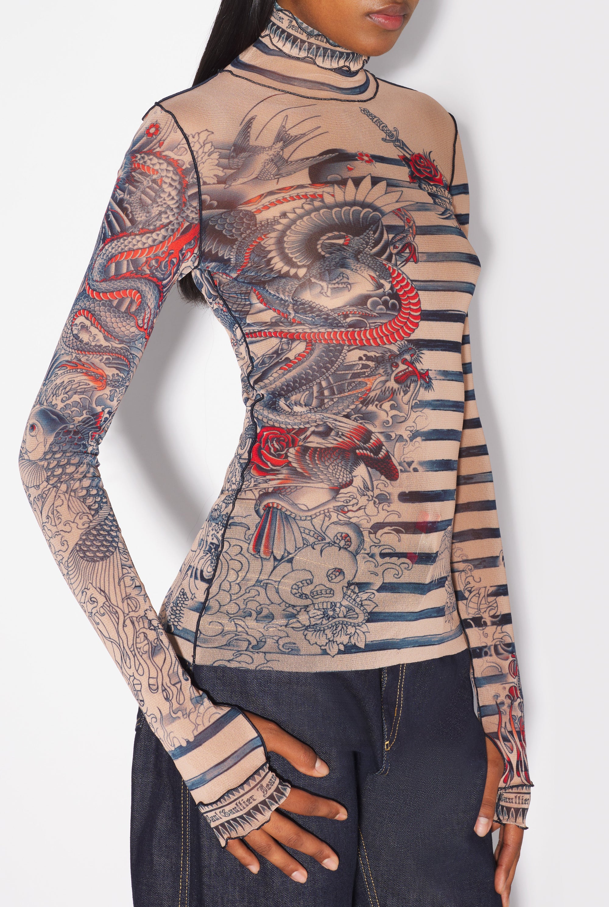 Unisex tulle printed sailor tattoo top - Nude & Blue & Red
