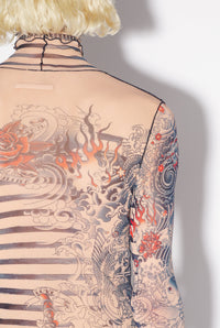 Unisex tulle printed sailor tattoo top - Nude & Blue & Red