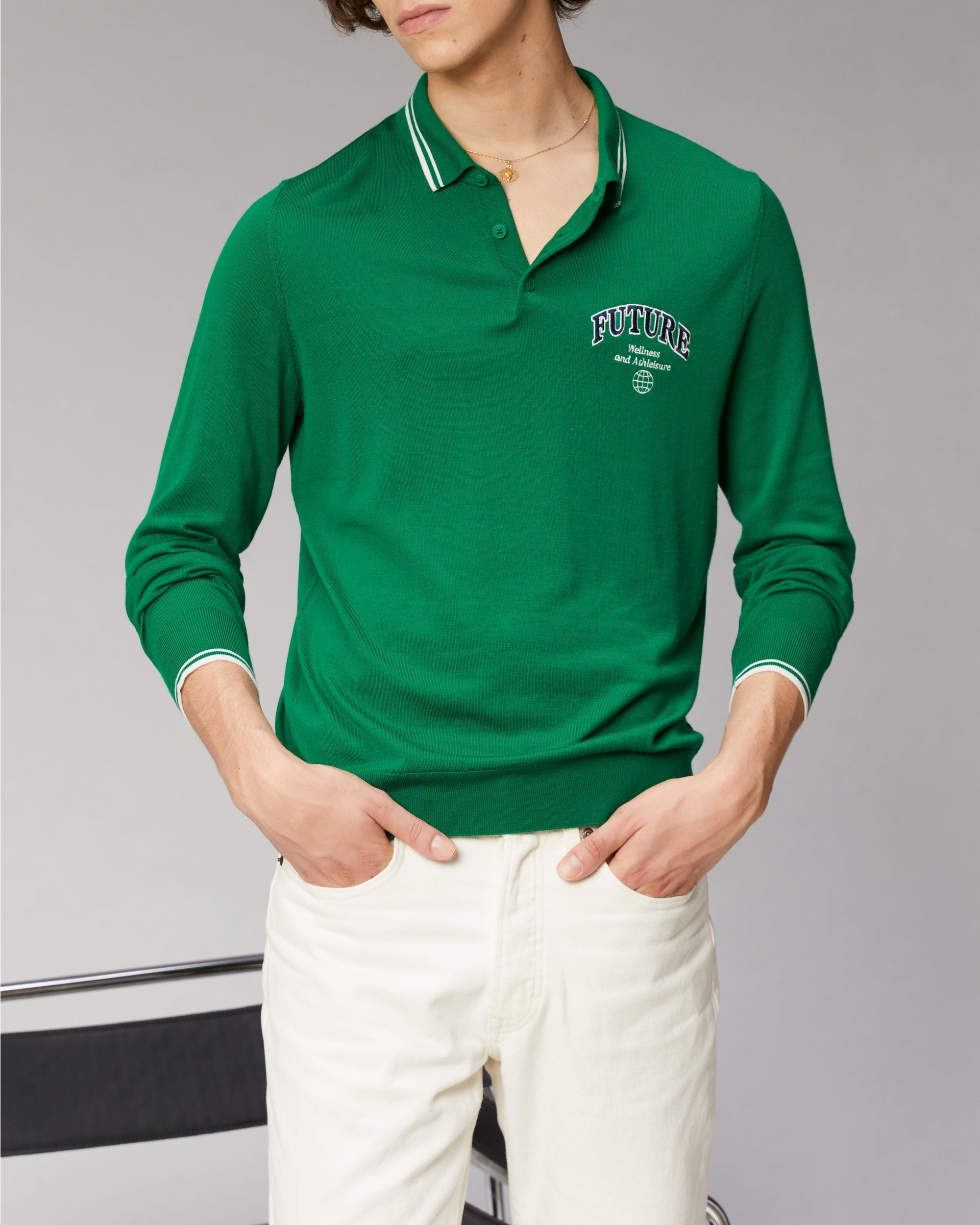 Pull à col polo College en laine - Forest Green