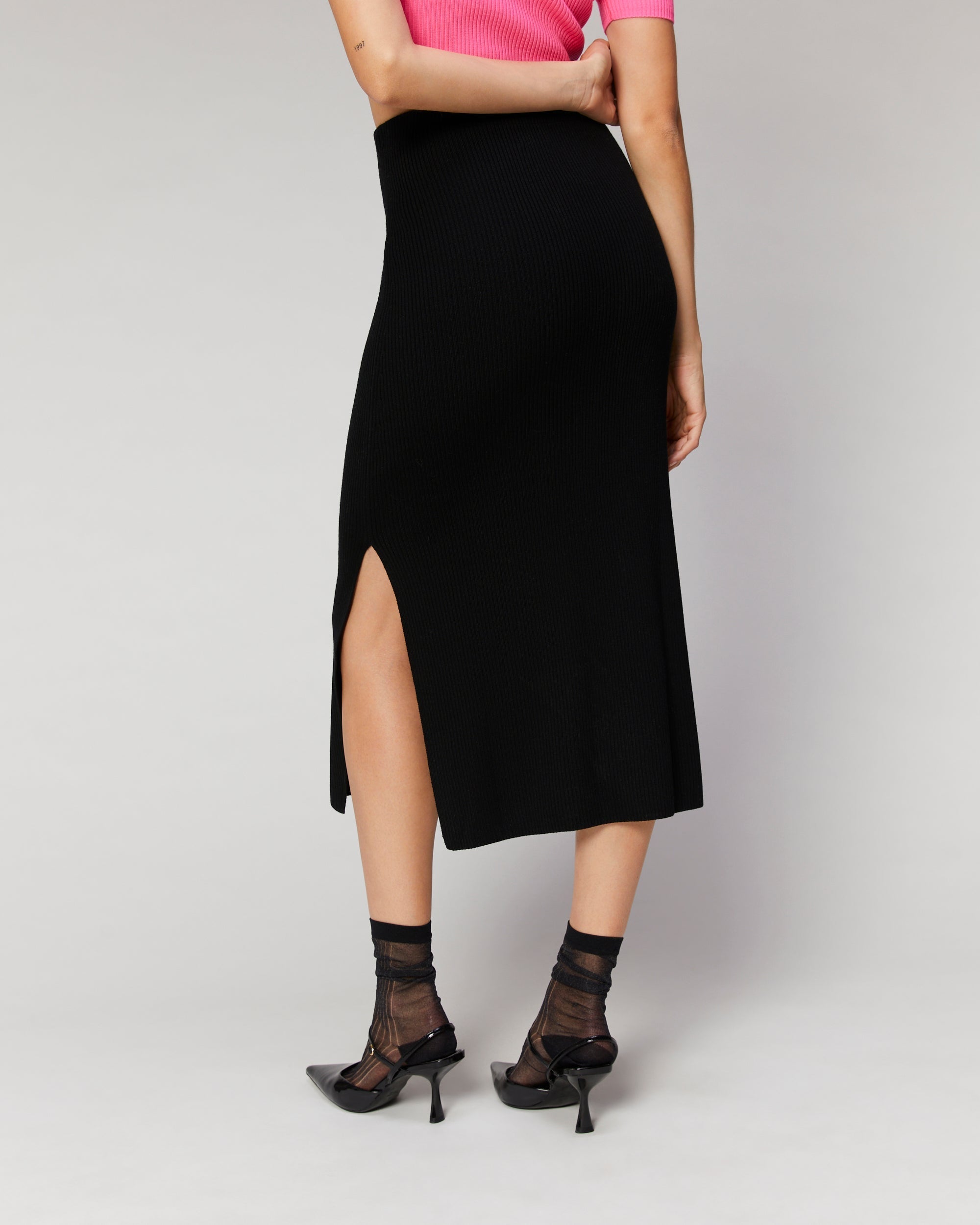 Jupe mi-longue à côtes fendue en laine - Navy