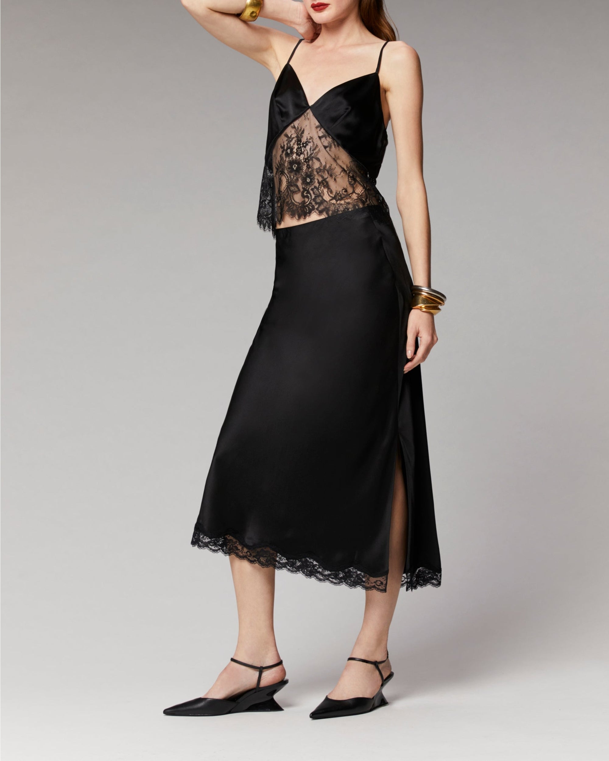 Mid-length silk lace skirt - Black