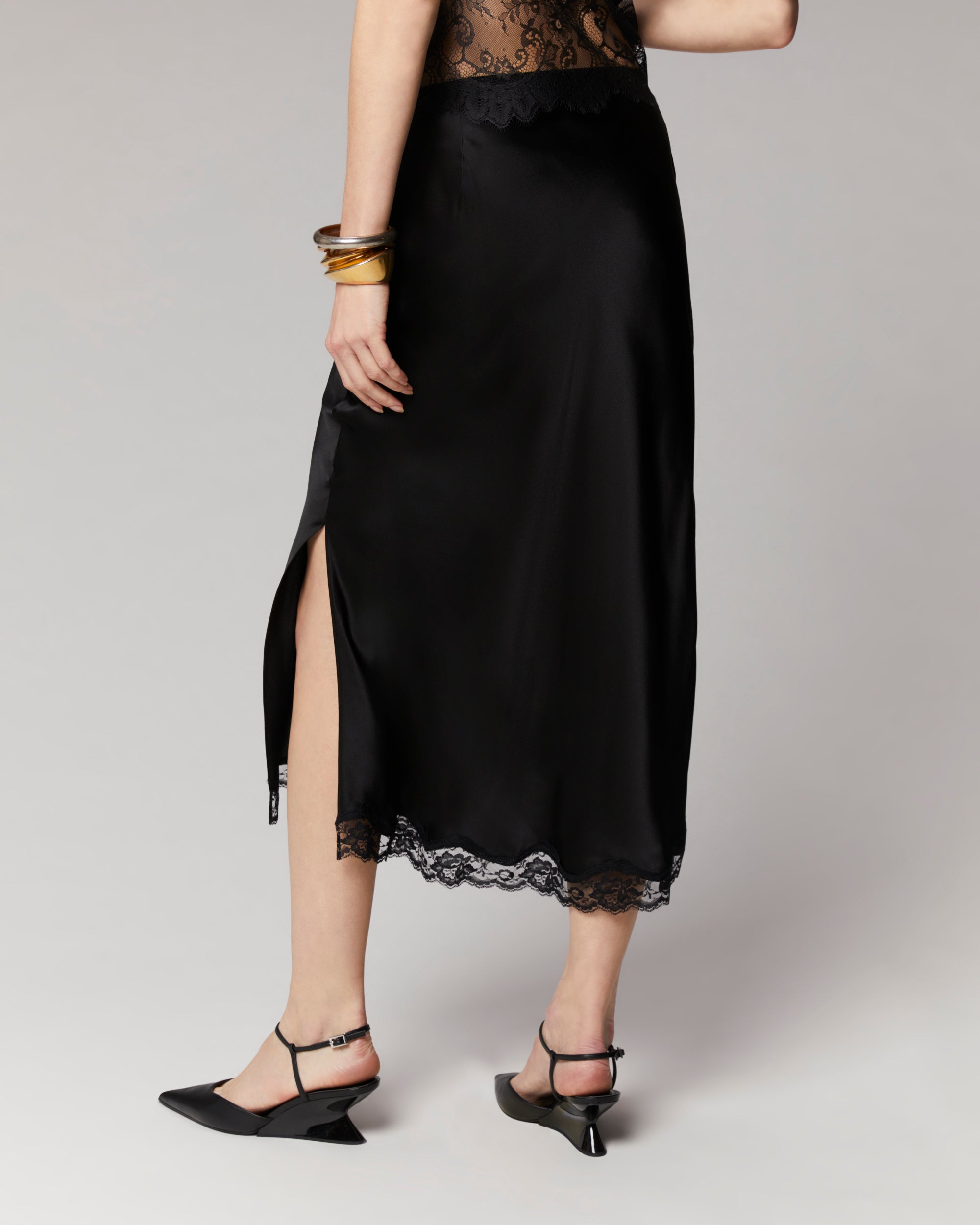 Mid-length silk lace skirt - Black