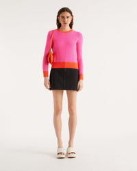 ROSE FLUO / DJV / QTY : 1 / Pull Col Rond Bord-Cotes Contrastes Allege - Rose Fluo