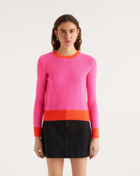 ROSE FLUO / DJV / QTY : 1 / Pull Col Rond Bord-Cotes Contrastes Allege - Rose Fluo