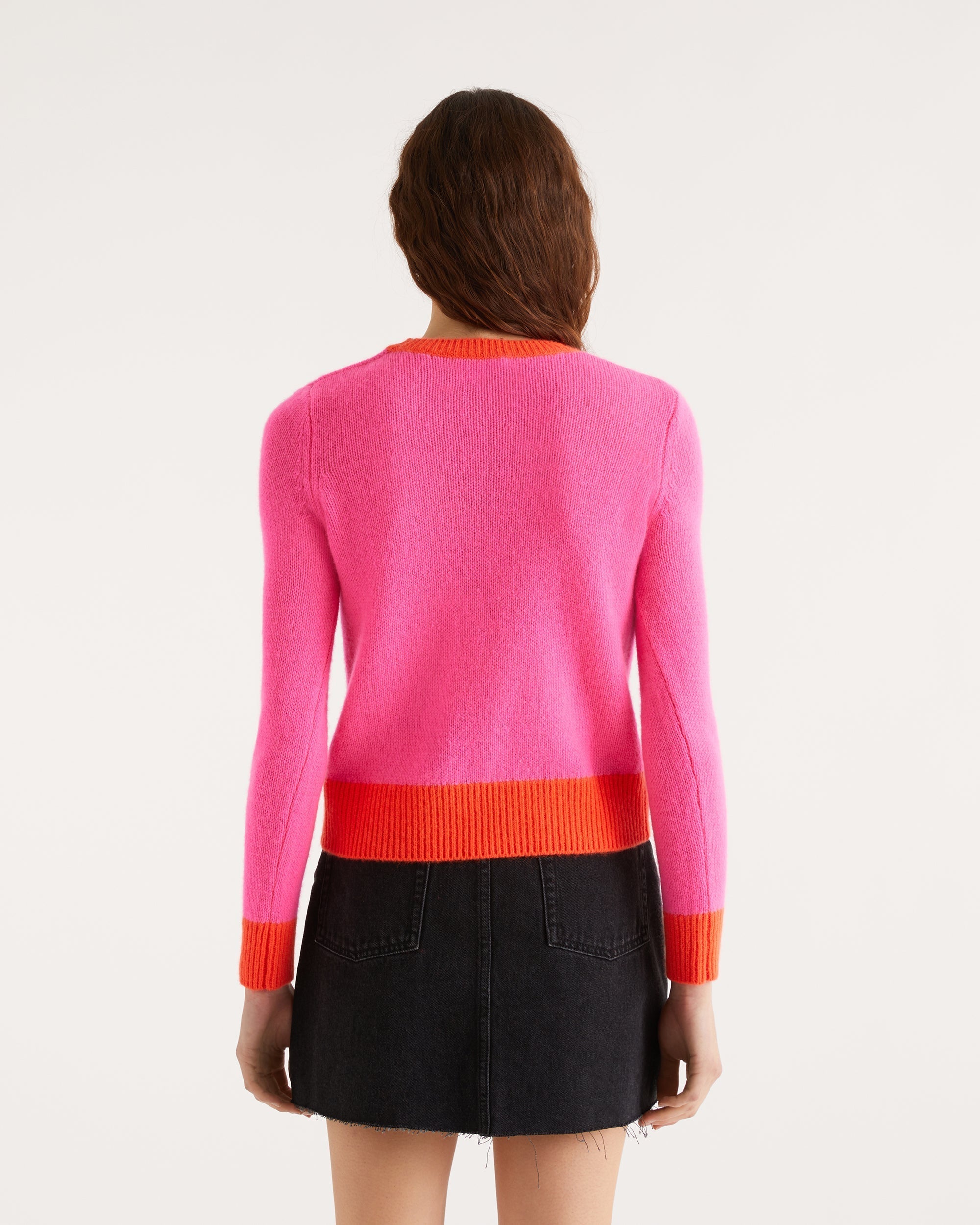 ROSE FLUO / DJV / QTY : 1 / Pull Col Rond Bord-Cotes Contrastes Allege - Rose Fluo