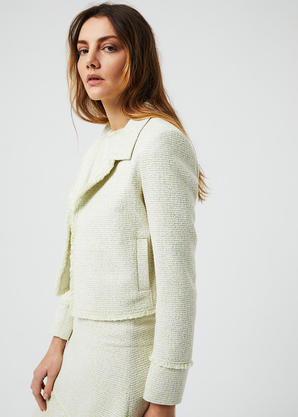 Veste courte tweed frangee - Vert Pale