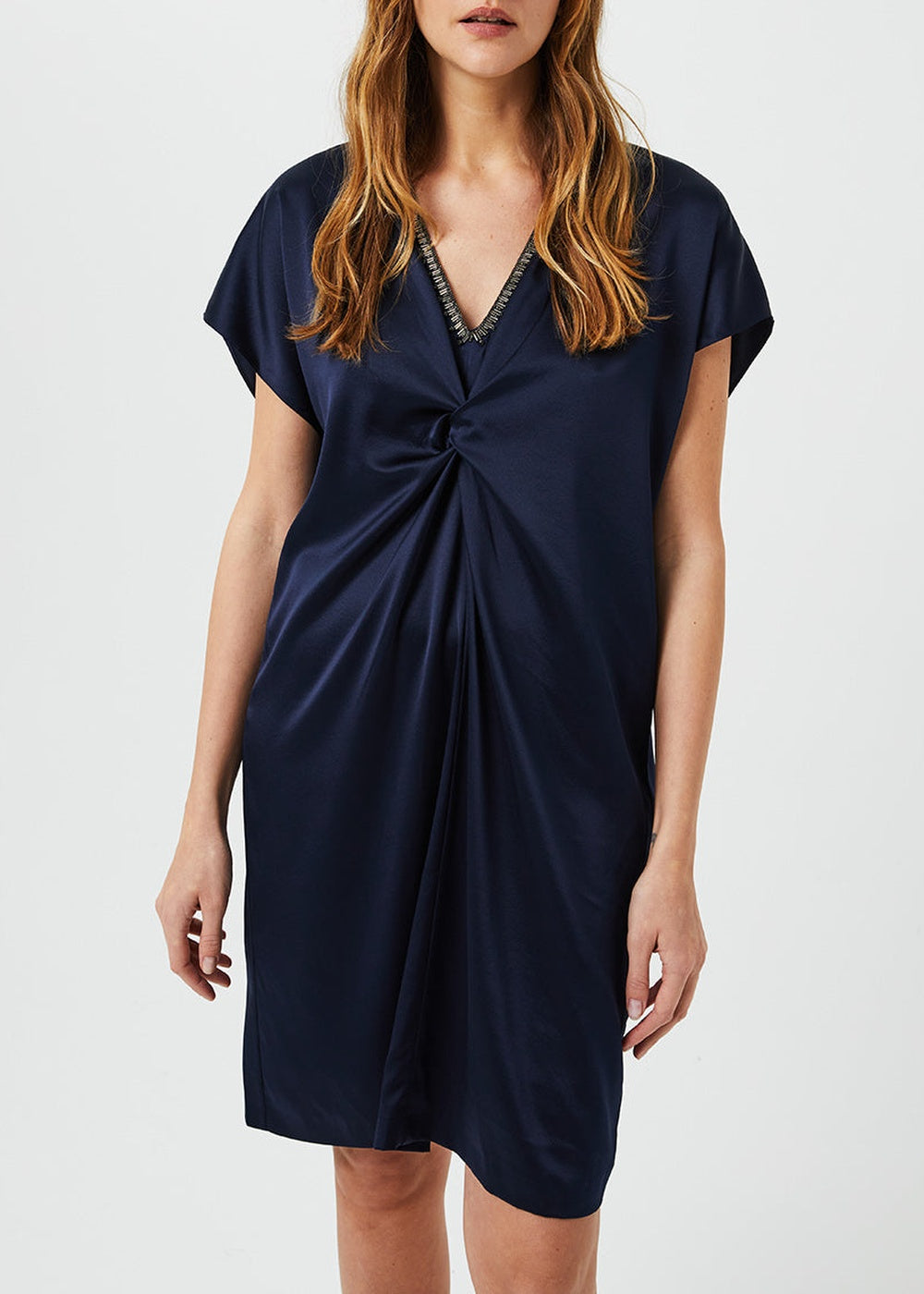 Robe froncée à bijoux en soie - Marine