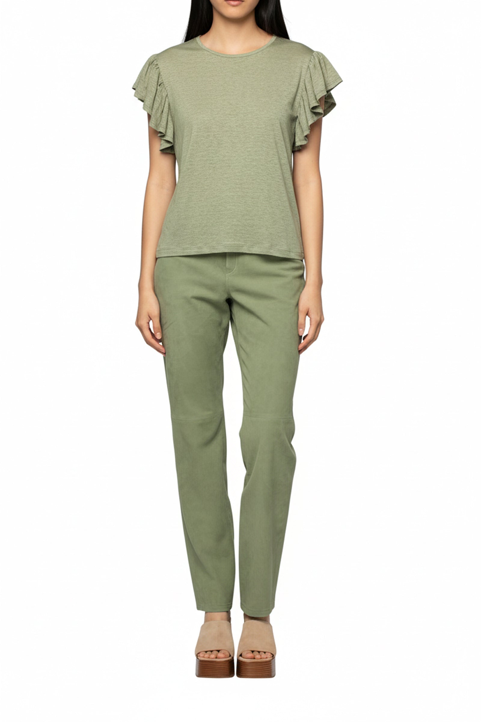 Tallulah linen top with ruffled sleeves - Almond