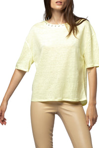 Timaela T-shirt in linen with lace-up neckline - Lemonade