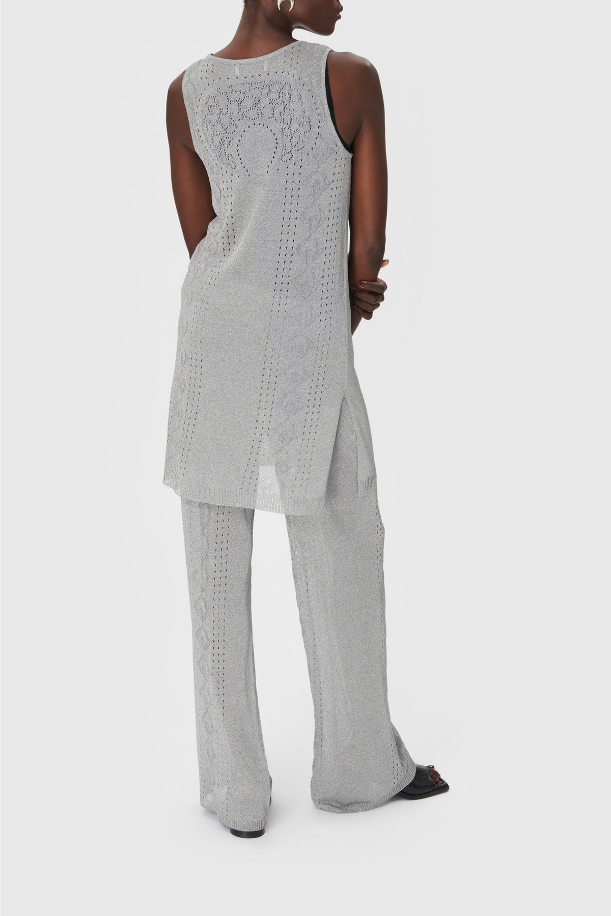Pantalon flare en maille pointelle métallisée - Silver
