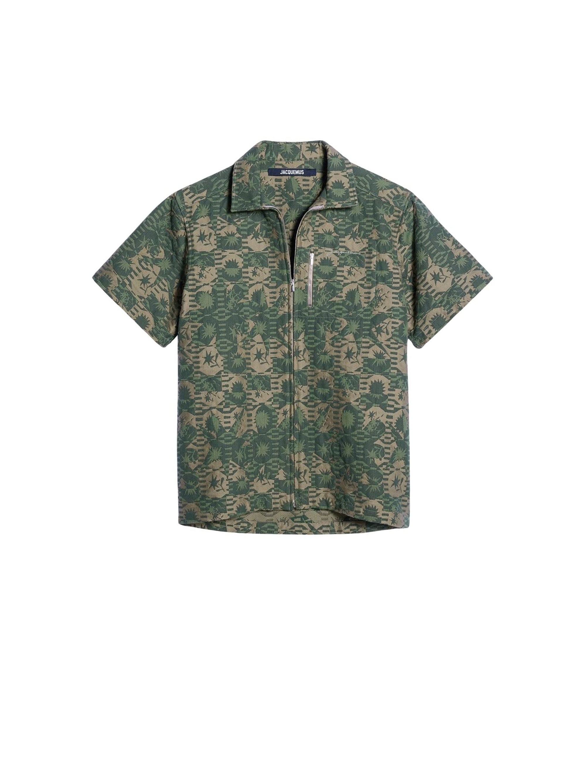 Chemise Banho zippée à manches courtes - Jacquard Khaki Flowers