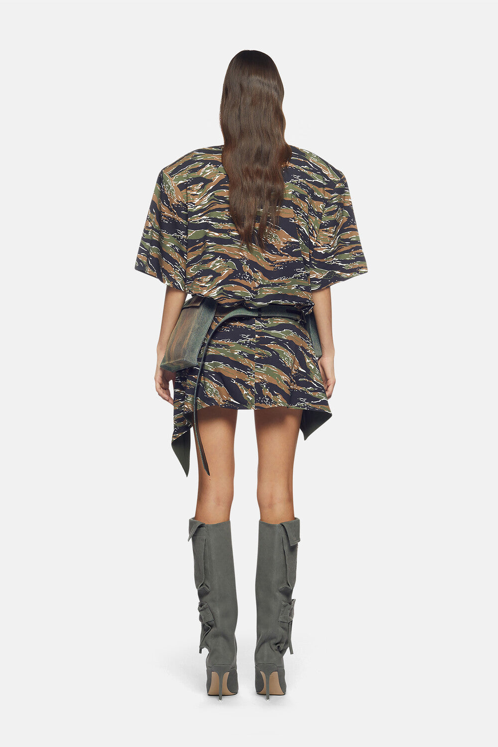 Mini jupe portefeuille asymétrique en jersey imprimé - Military & Light Brown