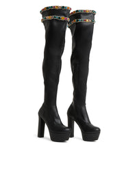 Platform thigh-high boots with leather jewel effect - Black Mix