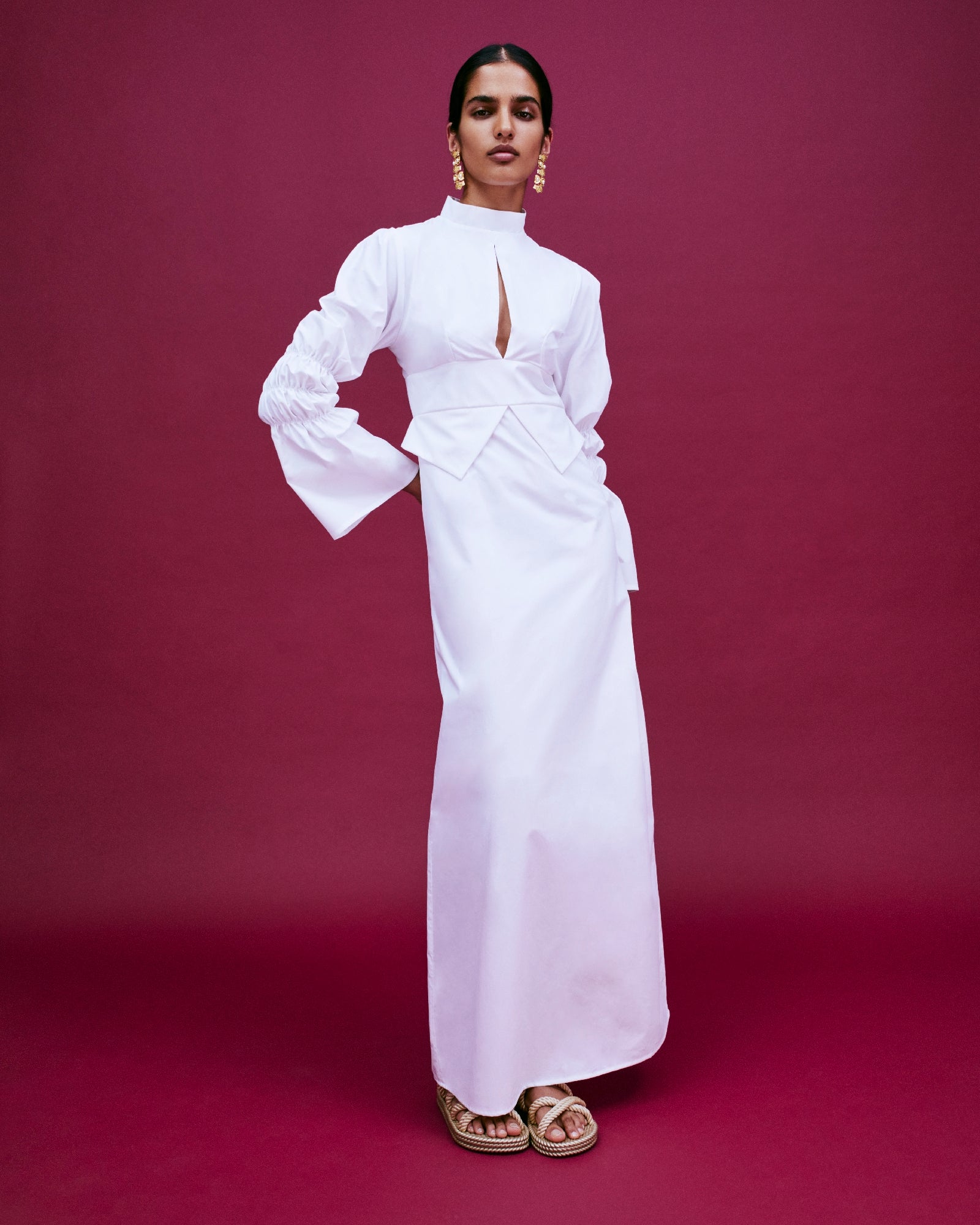 21qty NEW / WHITE KEITH POPELIN robe longue à manches froncées