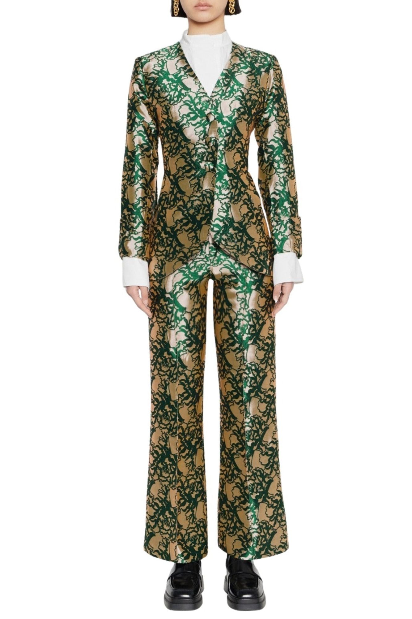 BEIGE & FOREST YOSHI SATIN JACQUARD pantalon évasé en satin
