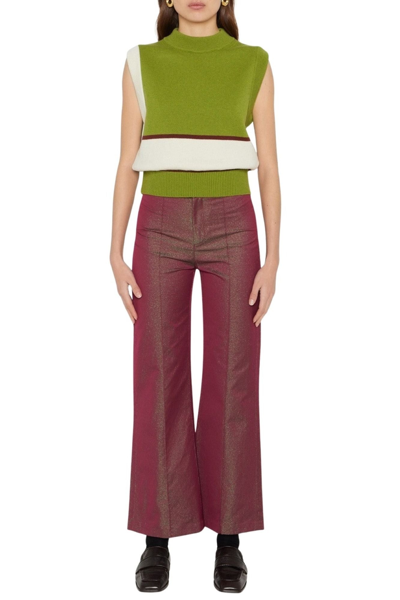 RASPBERRY GREEN YOSHI GLITTER TWILL pantalon évasé métallique