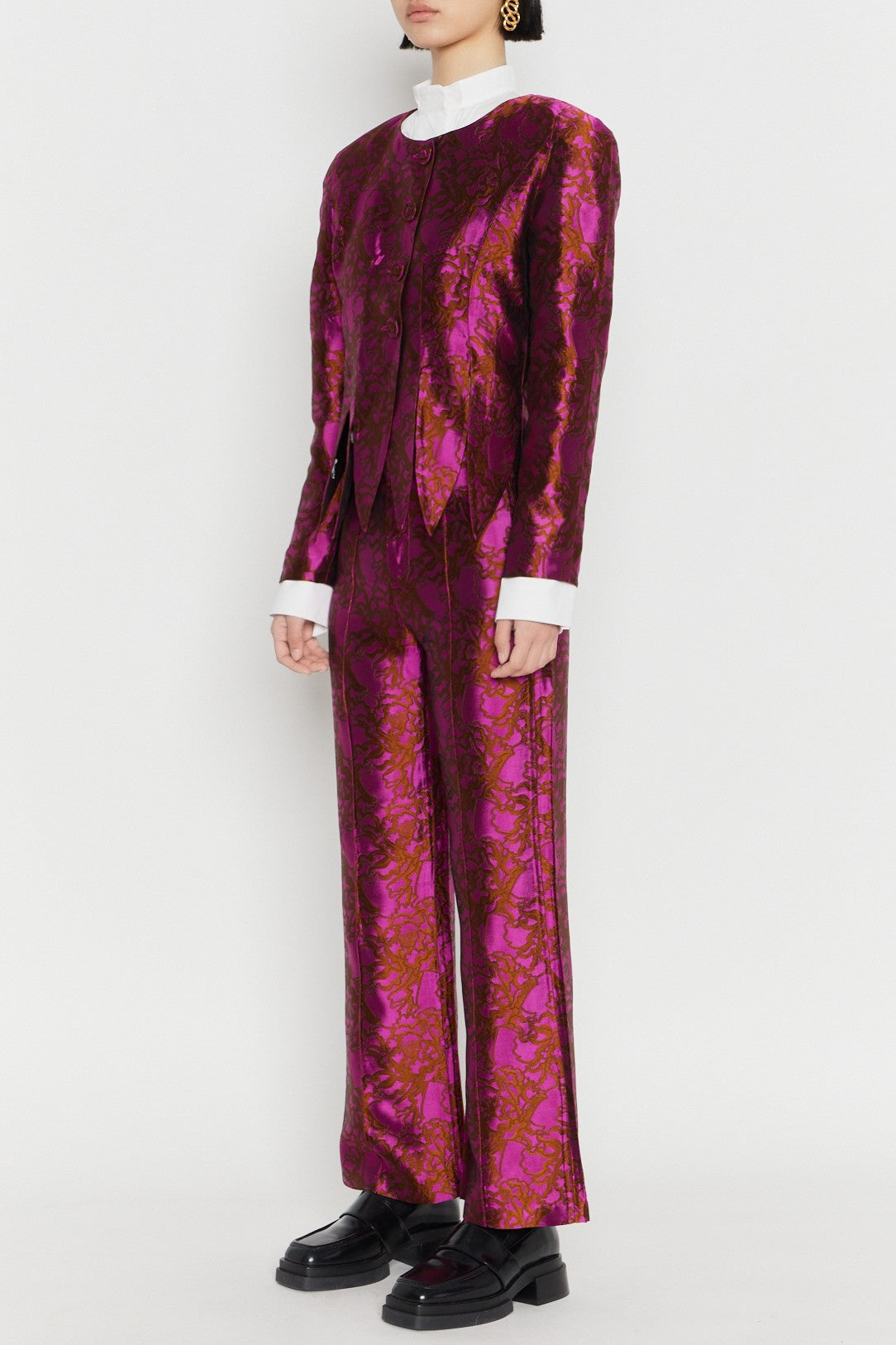 FUSCHIA & BROWN  YOSHI SATIN JACQUARD pantalon évasé en satin