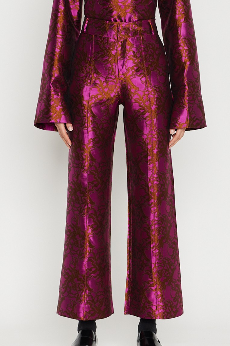 FUSCHIA & BROWN  YOSHI SATIN JACQUARD pantalon évasé en satin