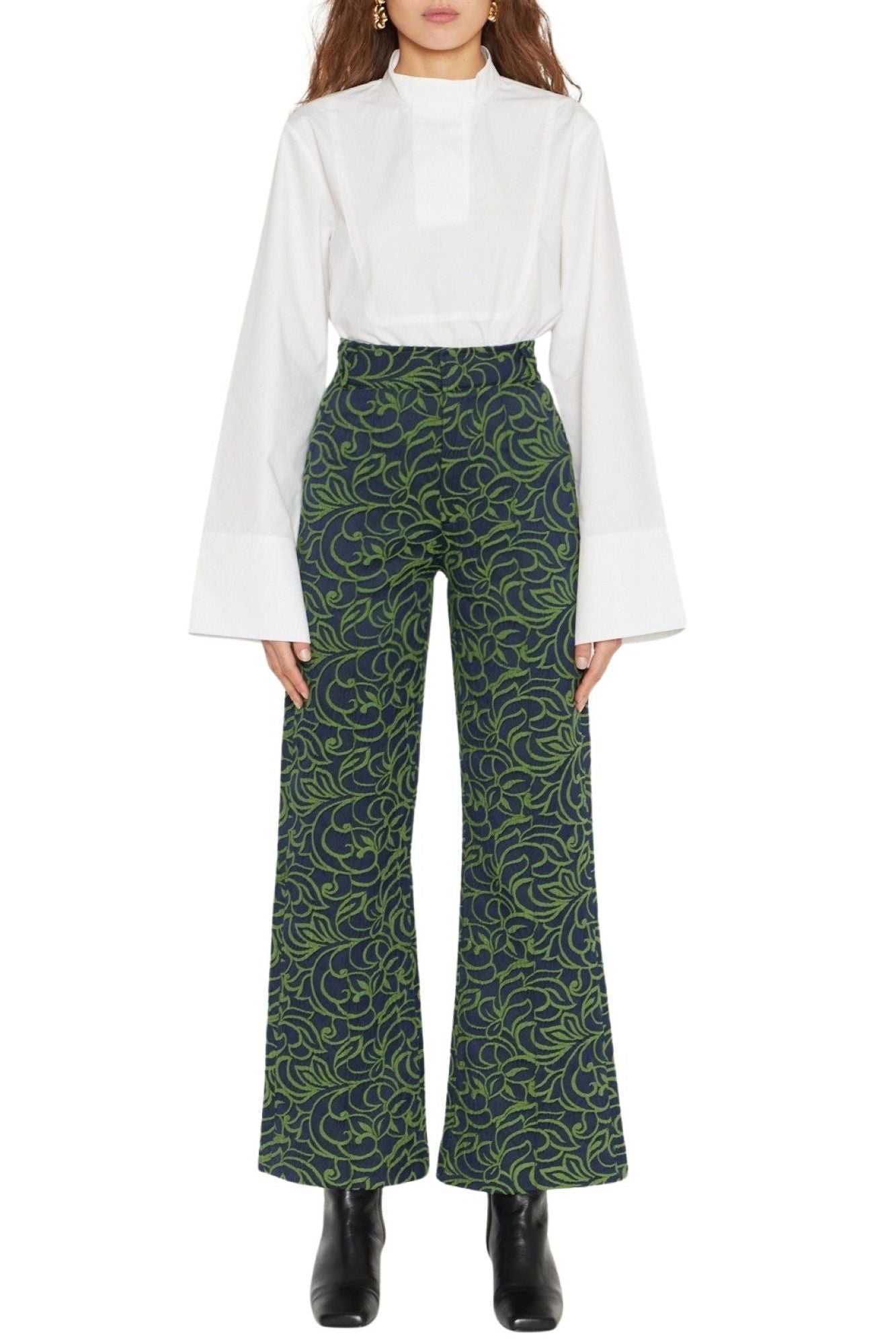 NAVY & OLIVE YOSHI JACQUARD pantalon évasé à imprimé jacquard