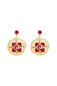 Brass medal earrings - Gold & Red