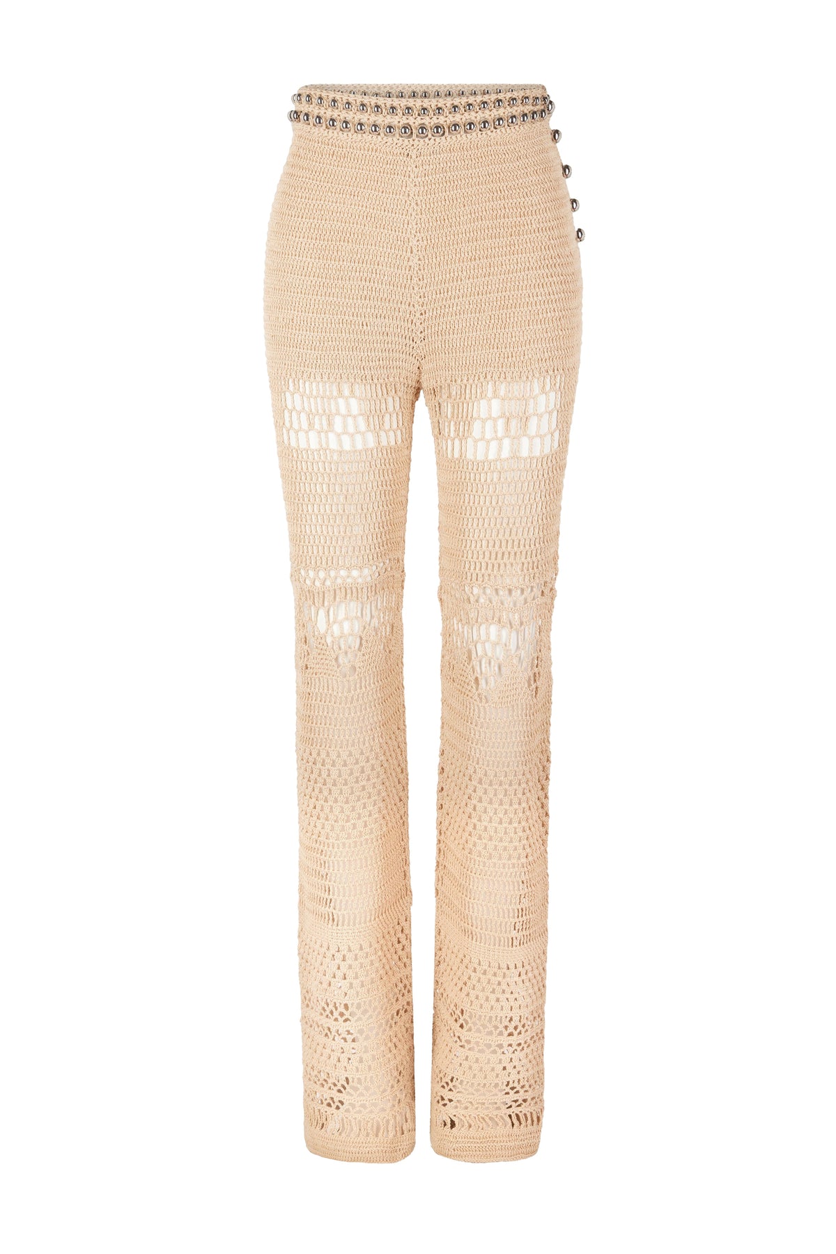 Pantalon flare en crochet à ceinture perles - Shiny Beige