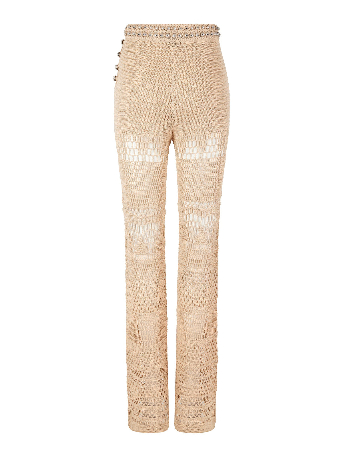 Pantalon flare en crochet à ceinture perles - Shiny Beige