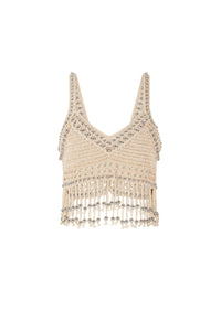 Top court en crochet fait main à perles et franges - Shiny Beige