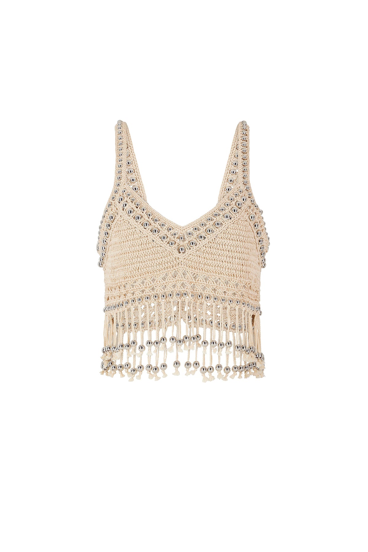 Top court en crochet fait main à perles et franges - Shiny Beige