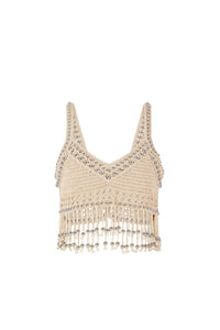 Débardeur court en crochet à perles et franges - Shiny Beige