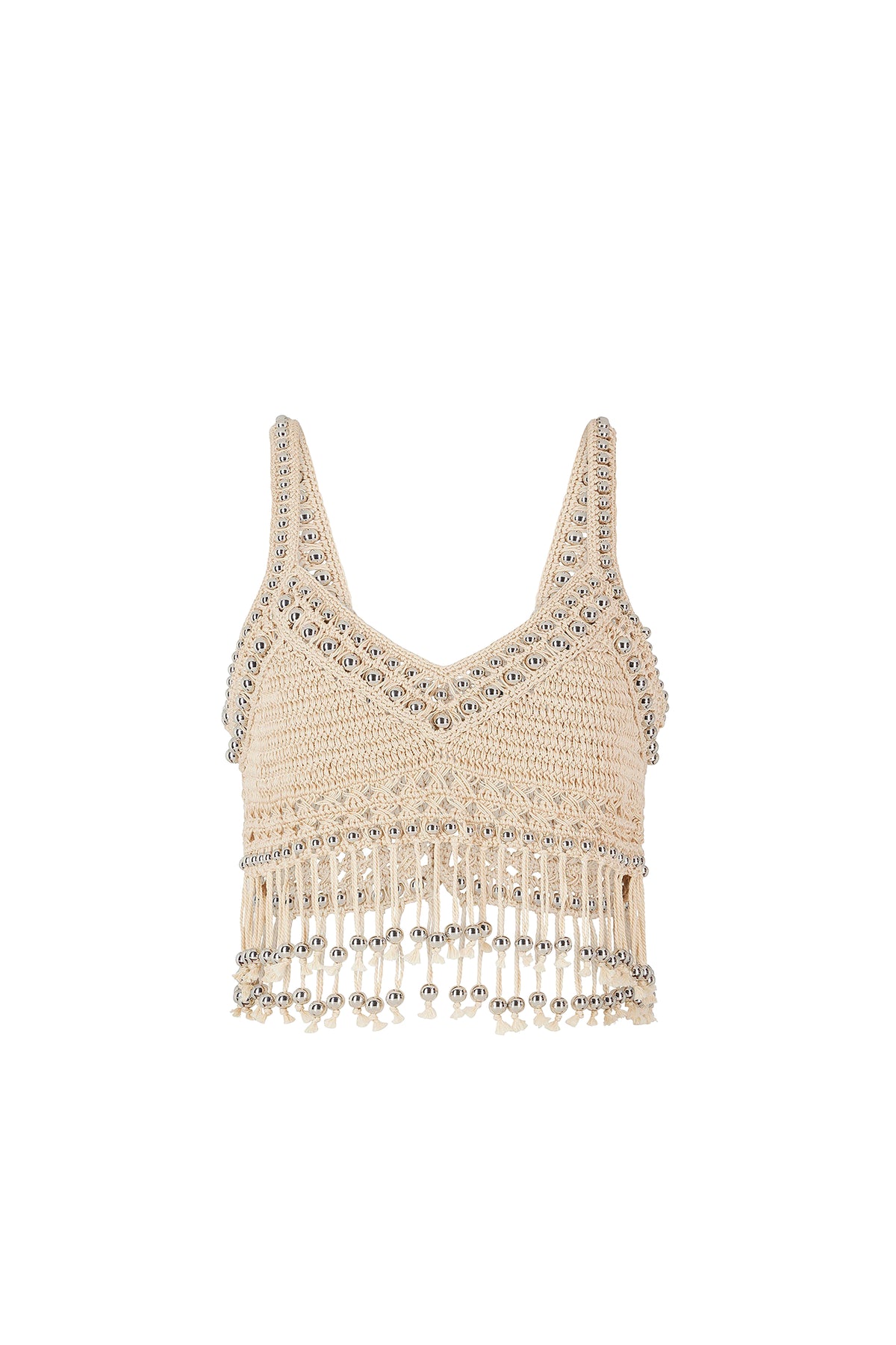Débardeur court en crochet à perles et franges - Shiny Beige