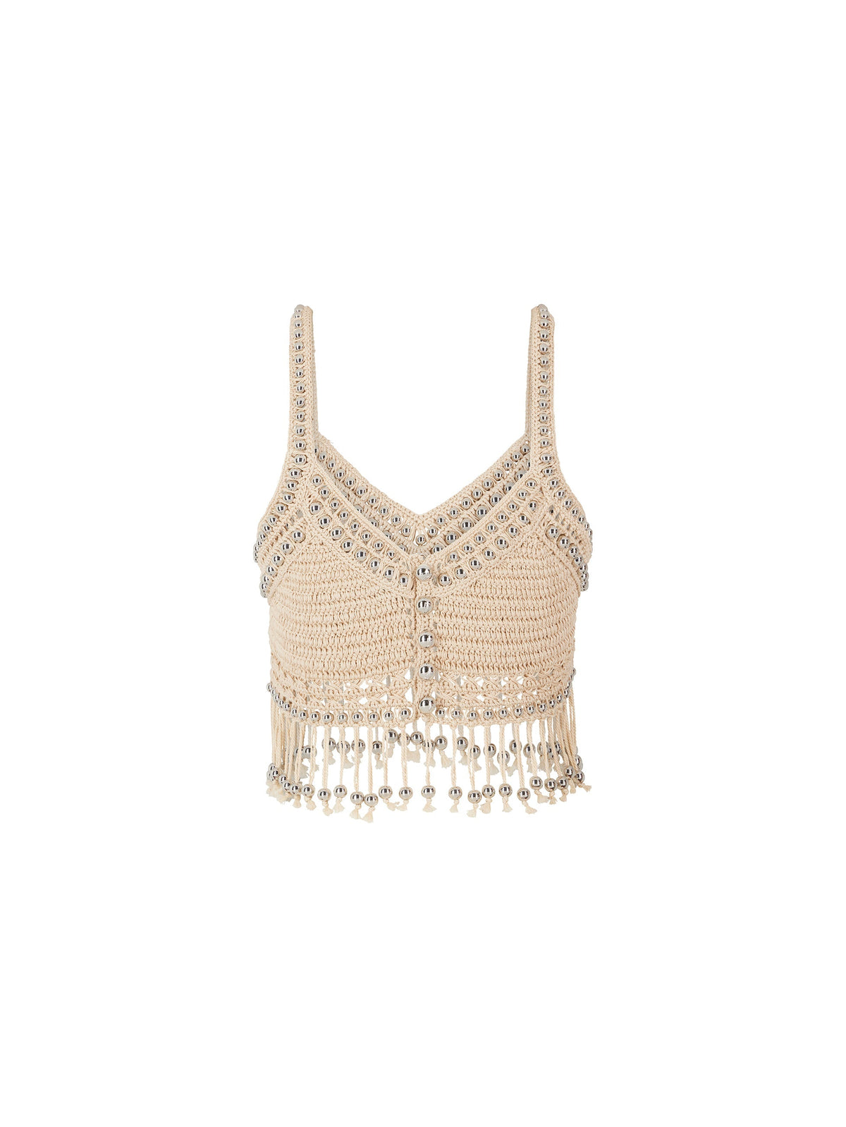Top court en crochet fait main à perles et franges - Shiny Beige