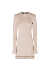 Short dress with long sleeves and crochet collar - Shiny Beige