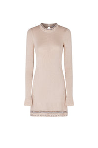 Robe courte à manches longues à col en crochet - Shiny Beige