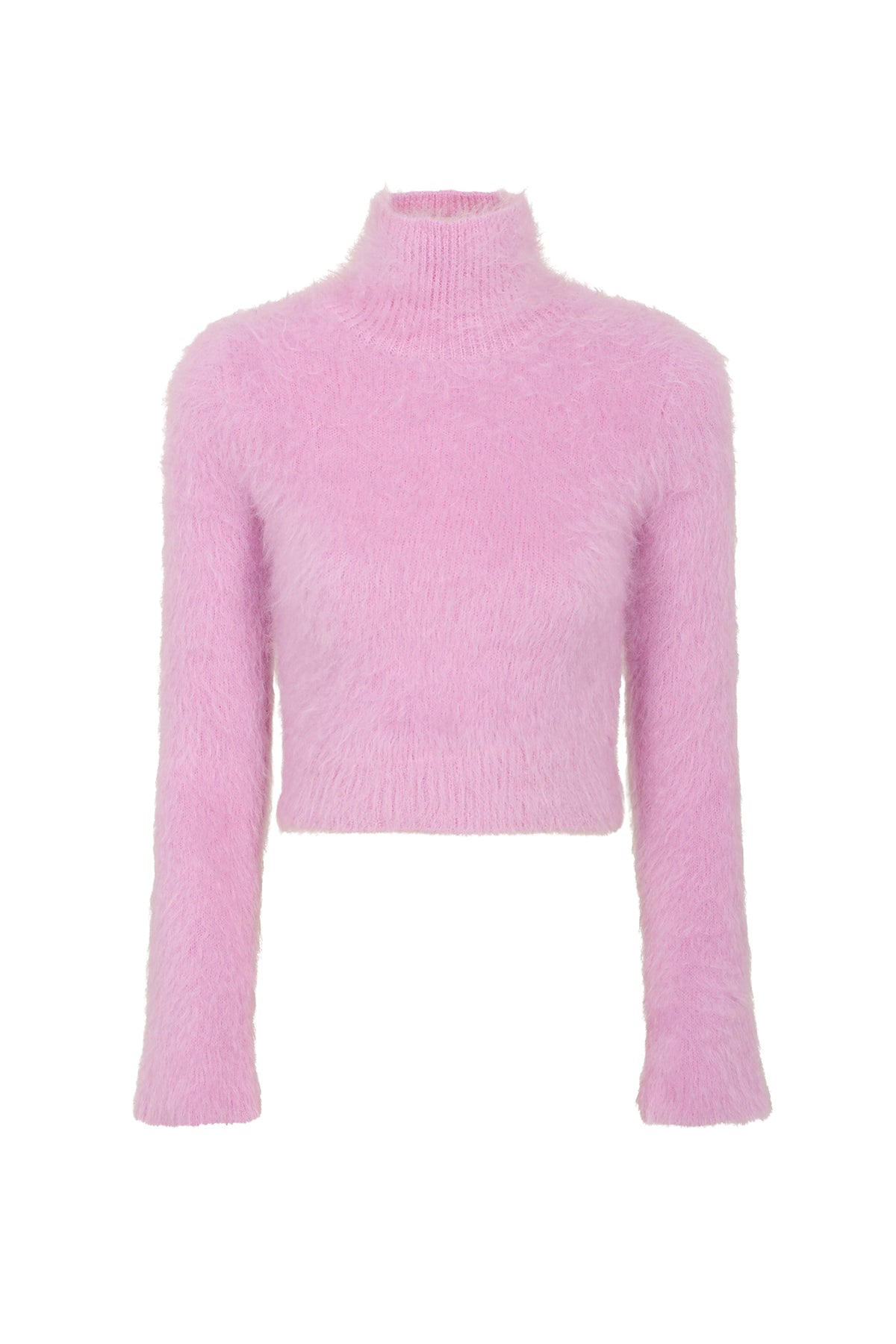 Pull col montant poilue brossée à dos ouvert en laine - Pink