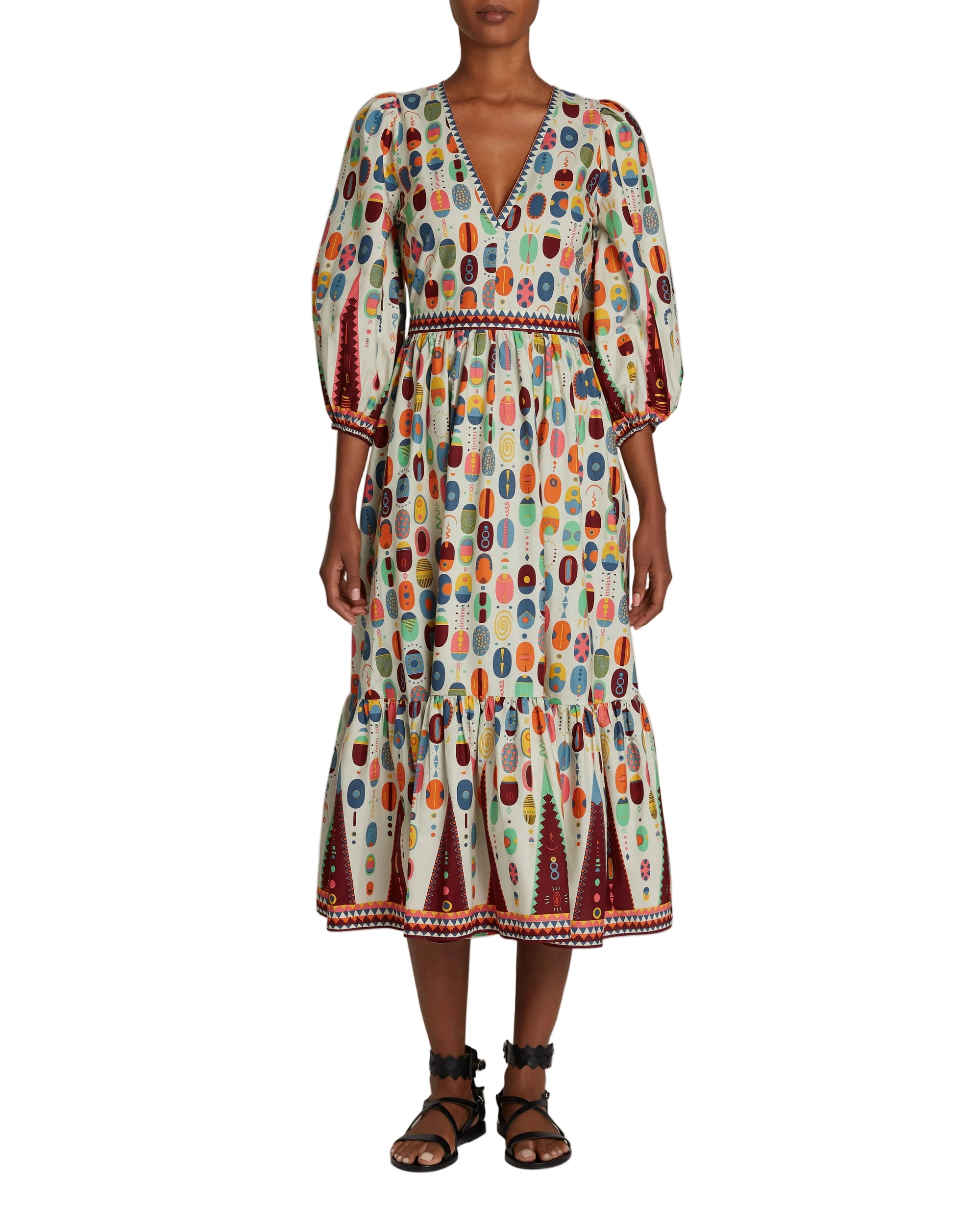 Robe midi à col V - Multicolore