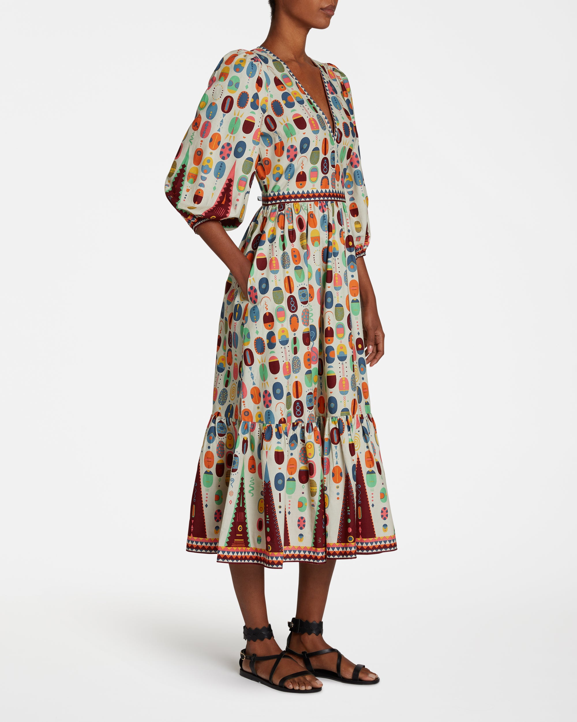 Robe midi à col V - Multicolore